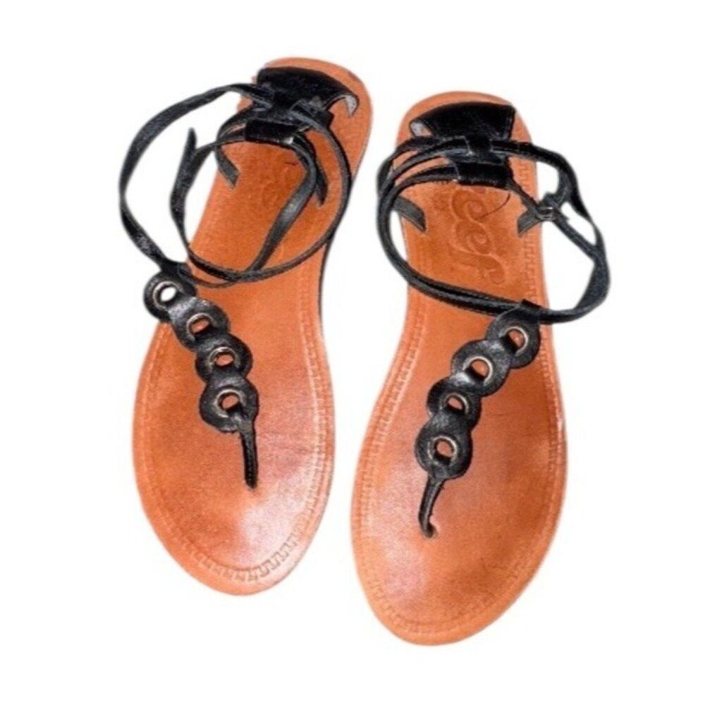 Reef Leather Flat Thong Sandals Size 9 Black Ankle Buckle Strap Silver Circles